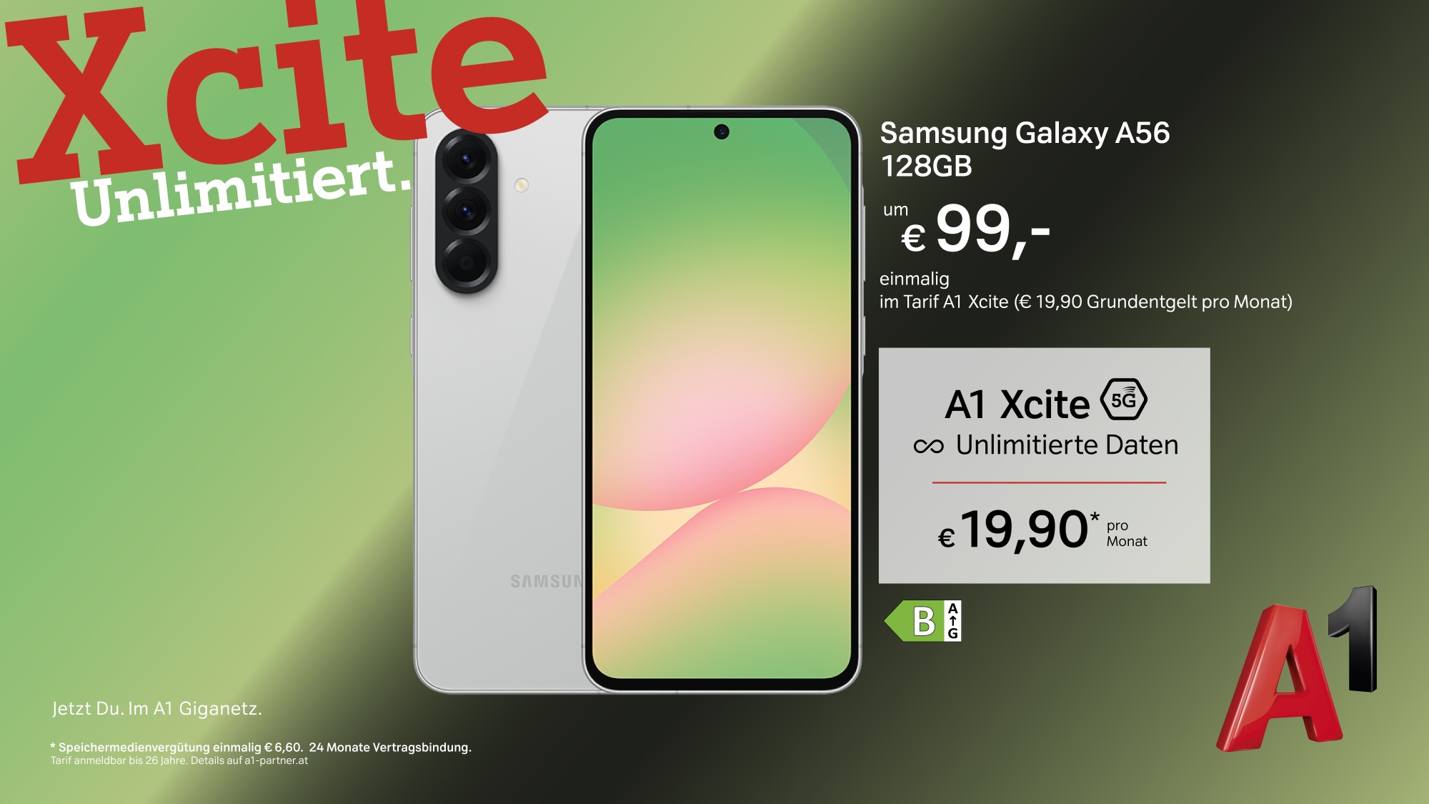 Xcite Unlimitiert - Samsung Galaxy A56 128GB um €99,- einmalig im Tarif A1 Xcite (€19,90 Grundentgelt pro Monat)