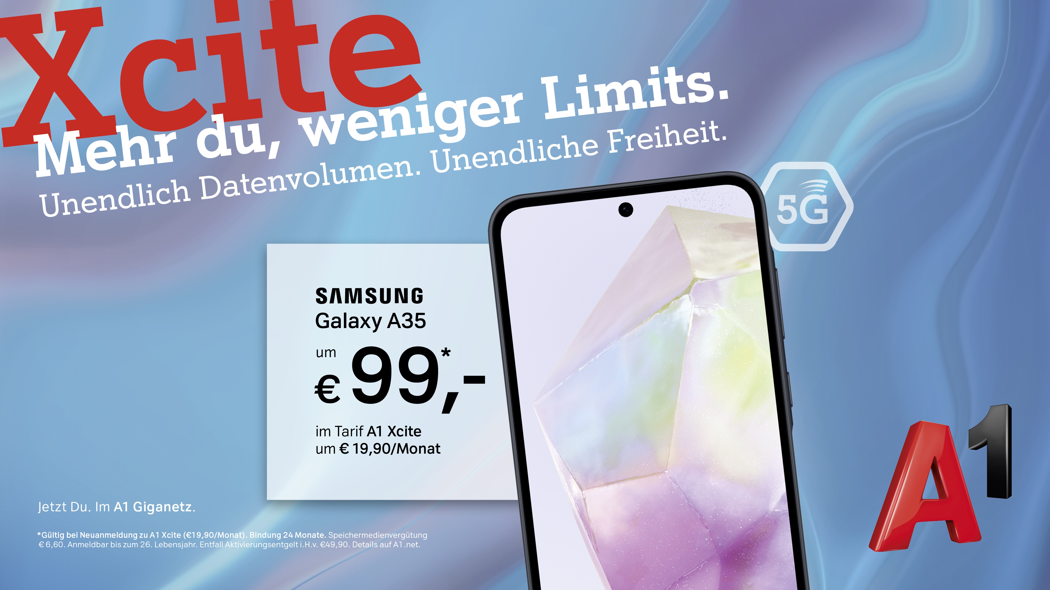 Xcite. Mehr du, weniger Limits. Unendlich Datenvolumen, Unendlich Freiheit - Samsung Galaxy A35.