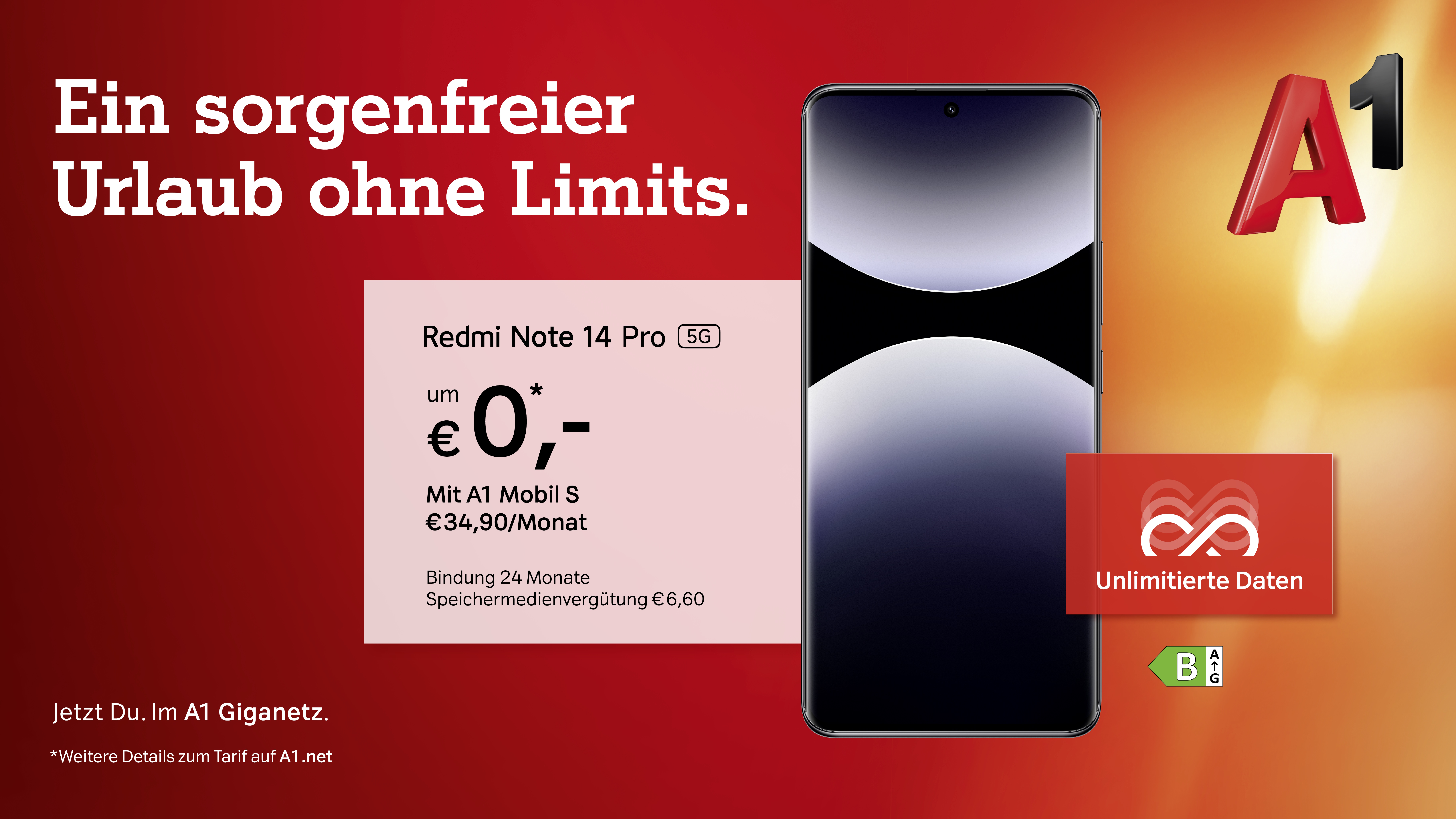 Ein sorgenfreier Urlaub ohne Limits. Xiaomi Redmi Note 14 Pro um €0,- mit A1 Mobil S
