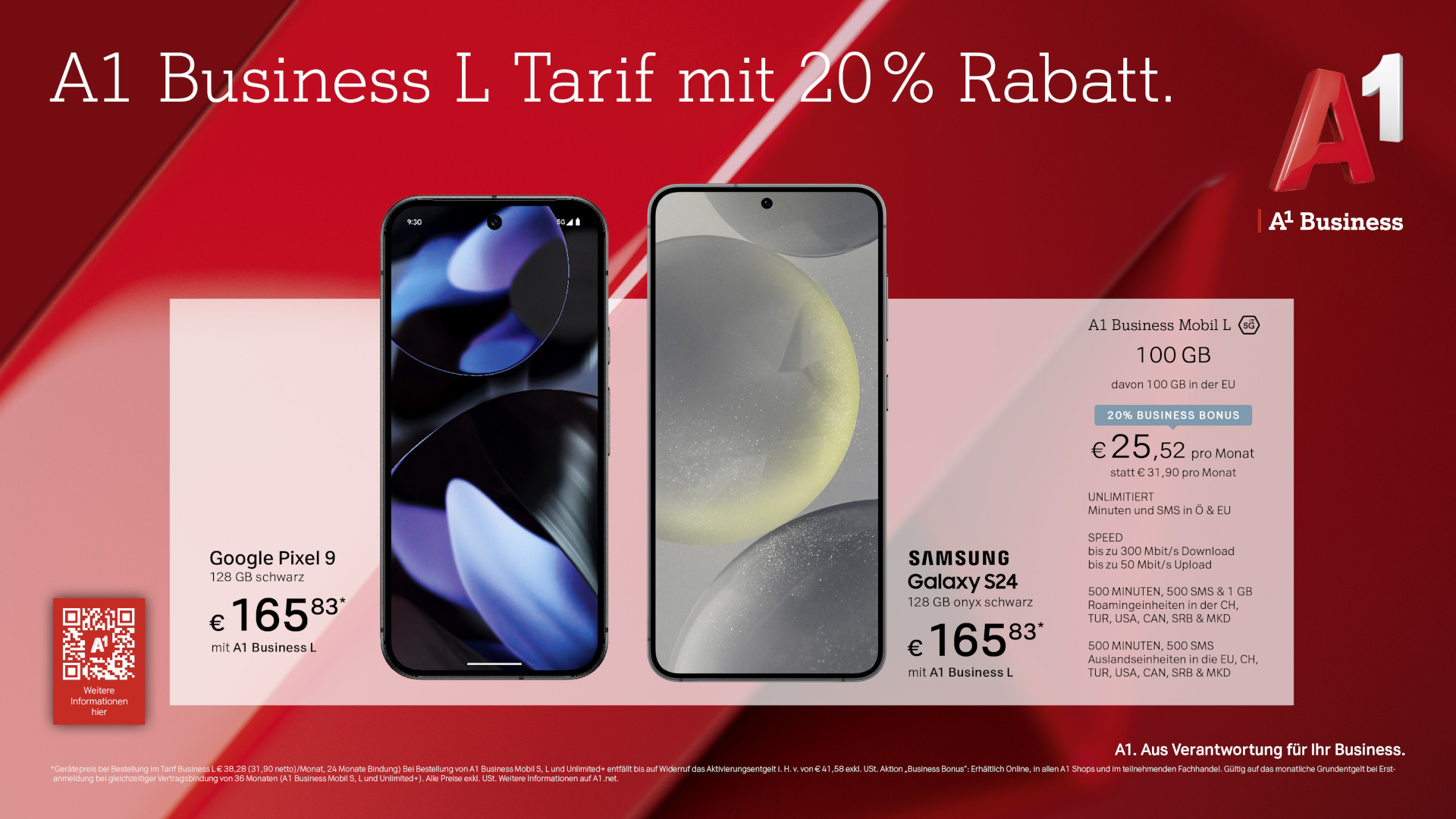 A1 Business L Tarif mit 20% Rabatt - Google Pixel 9, Samsung Galaxy S24